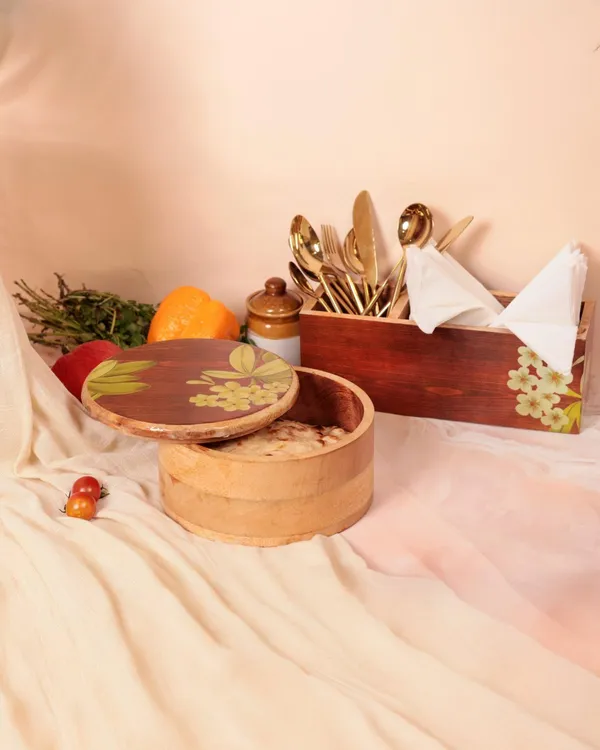 Brown_Wooden_Kitchen_Organiser_Set_With_Floral_Design,_Cutlery_Holder_And_Storage_Box,_Round_Container_With_Lid
