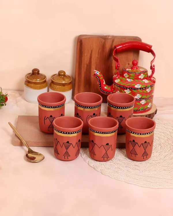 Terracota_Clay_Glass_Set_|_Brown_Hand-Painted_Warli_Art_Design_|Traditional_Indian_Style,_Eco-Friendly_Clay_Glass_Set