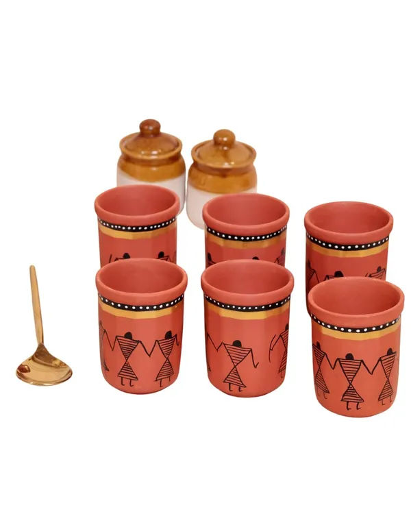 Terracota_Clay_Glass_Set_|_Brown_Hand-Painted_Warli_Art_Design_|Traditional_Indian_Style,_Eco-Friendly_Clay_Glass_Set