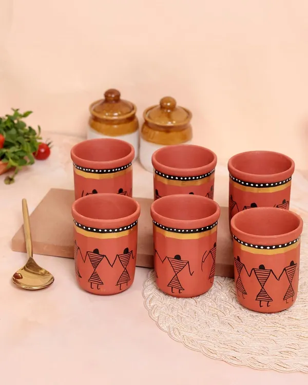 Terracota_Clay_Glass_Set_|_Brown_Hand-Painted_Warli_Art_Design_|Traditional_Indian_Style,_Eco-Friendly_Clay_Glass_Set