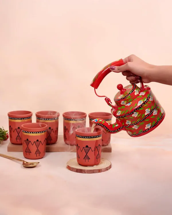Terracota_Clay_Glass_Set_|_Brown_Hand-Painted_Warli_Art_Design_|Traditional_Indian_Style,_Eco-Friendly_Clay_Glass_Set