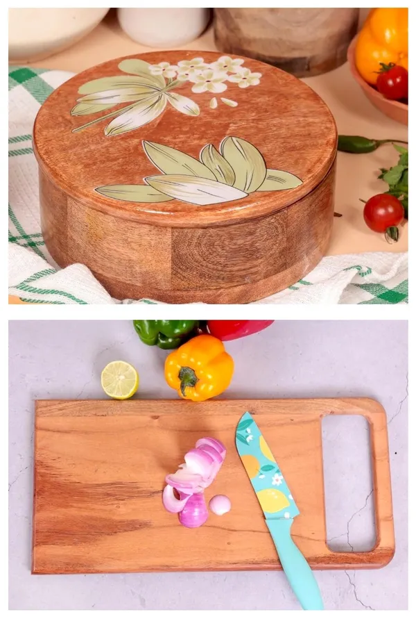 Pack_of_2_Wooden_Roti_Warmer_and_Chopping_Board_With_Floral_Design_(20_Cm_Round)_&_Natural_Wood,_Handcrafted,_Eco-Friendly_Chopping_Board