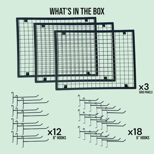 Black_Angled-Frame_Display_Panel_2'x1.5'_(3_Pcs)_With_6"_Hooks_(16_Pcs)_&_8"_Hooks_(14_Pcs)