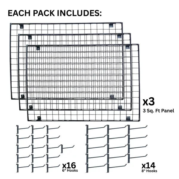 Black_Gridwall_Display_Panel_2'x1.5'_(3_Pcs)_With_6"_Hooks_(16_Pcs)_&_8"_Hooks_(14_Pcs)