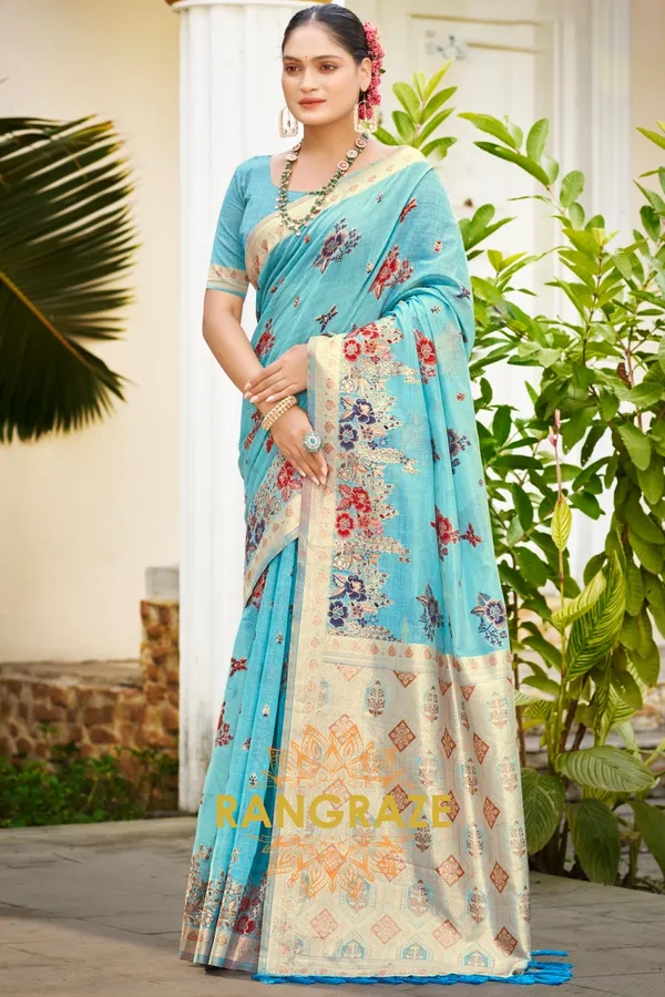 Turquoise_Blue_Silk_Banarasi_Saree_For_Women