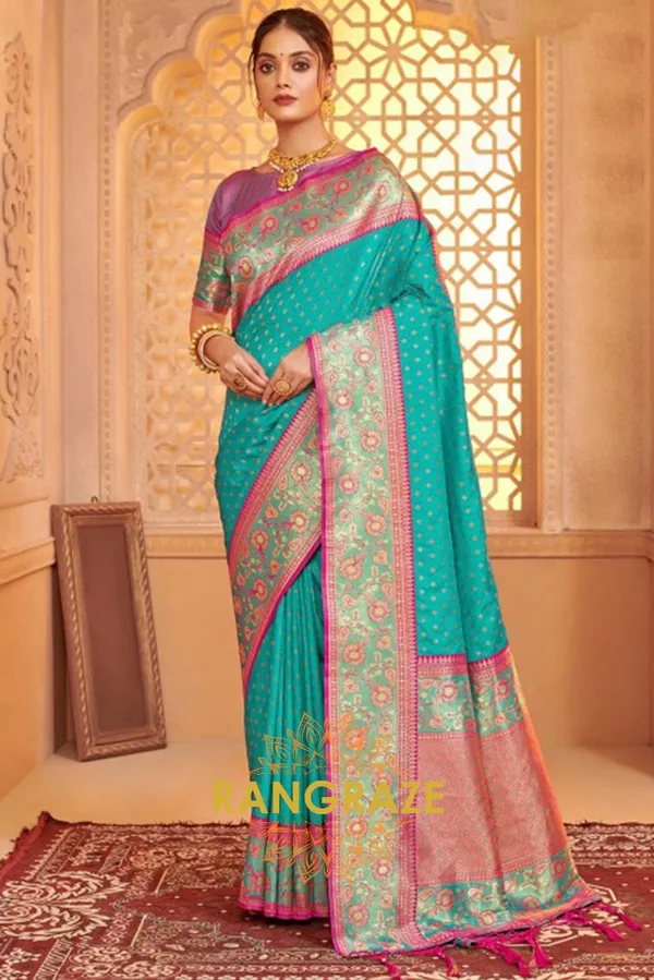 Turquoise_Blue_Banarasi_Silk_Saree_For_Women