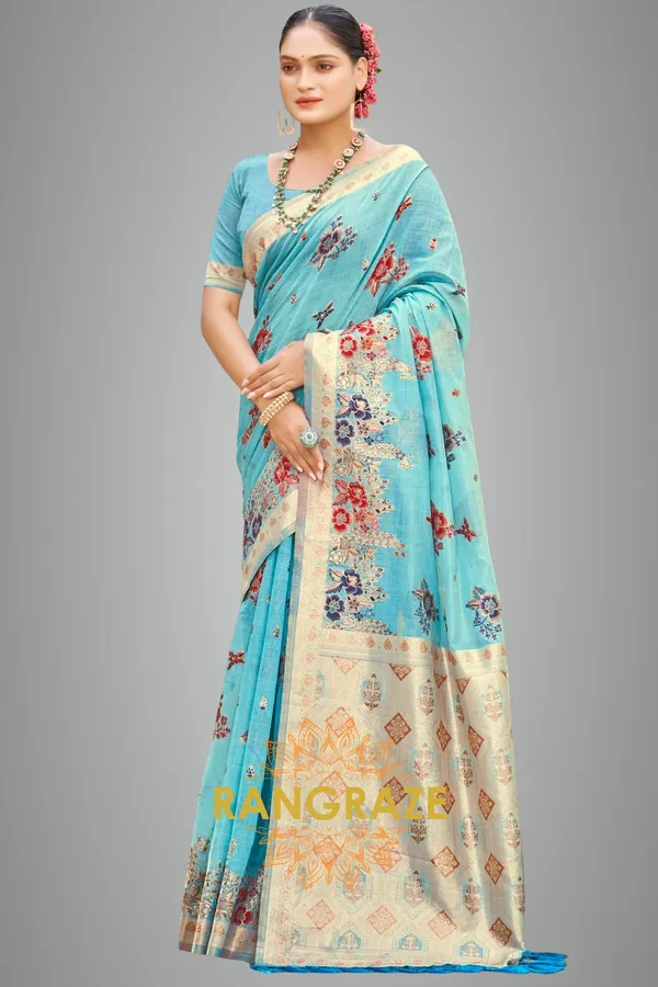 Turquoise_Blue_Silk_Banarasi_Saree_For_Women