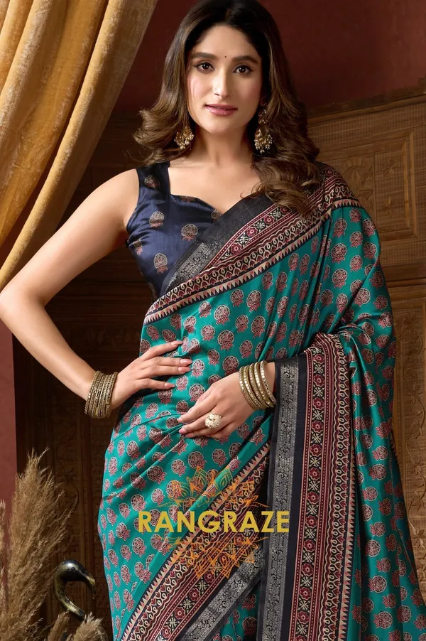 TURQUOISE_AJRAKH_PRINT_SOFT_SILK_SAREE