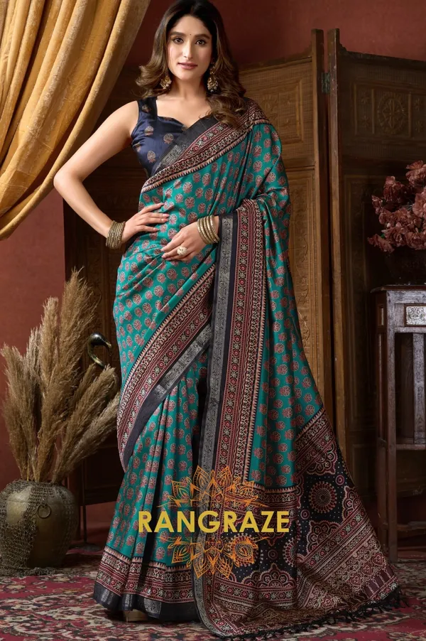 TURQUOISE_AJRAKH_PRINT_SOFT_SILK_SAREE