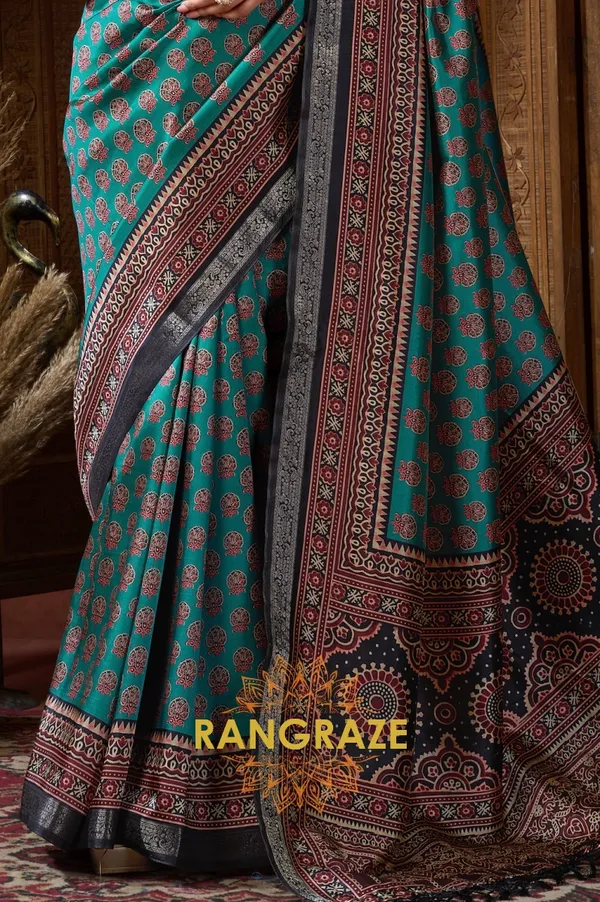 TURQUOISE_AJRAKH_PRINT_SOFT_SILK_SAREE