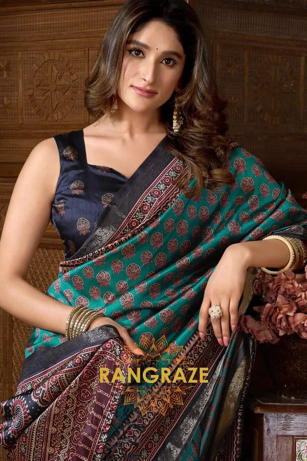 TURQUOISE_AJRAKH_PRINT_SOFT_SILK_SAREE