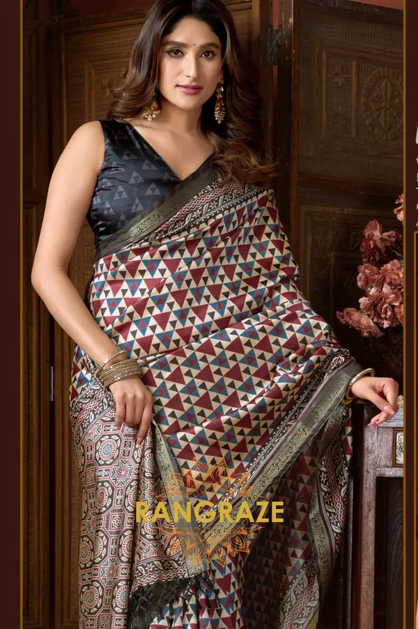 BROWN_AJRAKH_PRINT_SOFT_SILK_SAREE