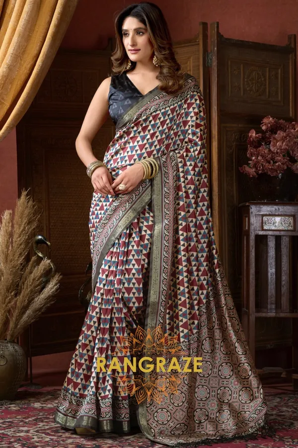 BROWN_AJRAKH_PRINT_SOFT_SILK_SAREE