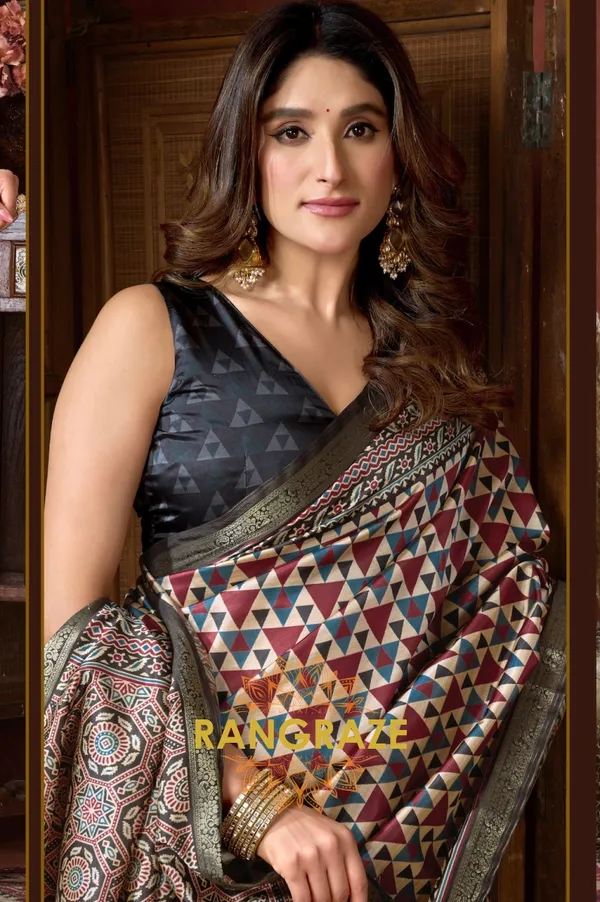 BROWN_AJRAKH_PRINT_SOFT_SILK_SAREE
