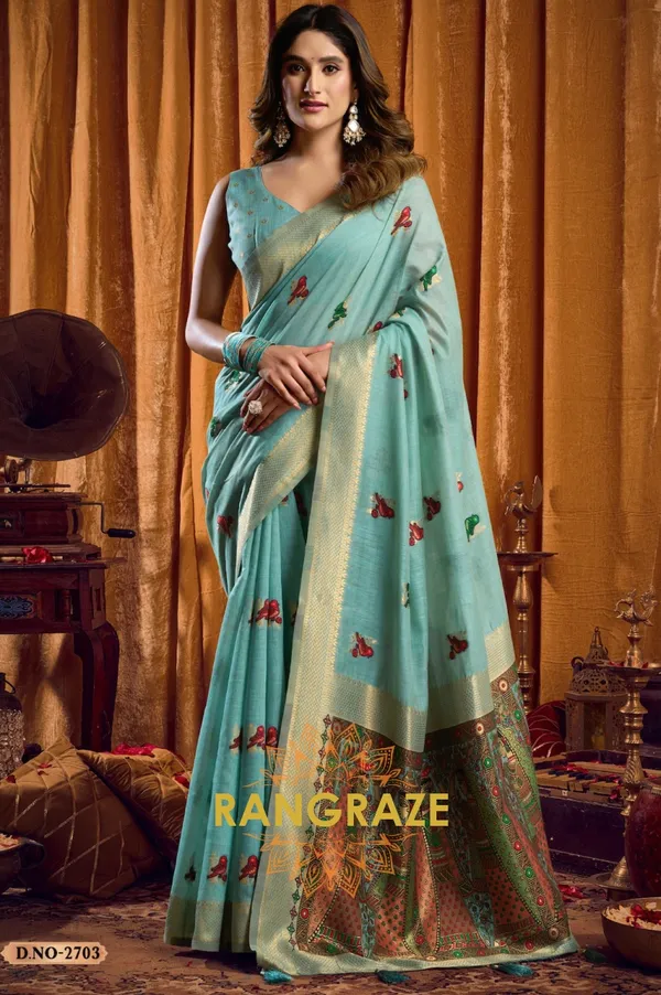 TURQUOISE_KHADI_BANARASI_COTTON_SAREE_WITH_RICH_BROCADE_BLOUSE