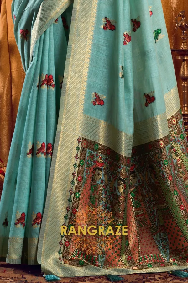 TURQUOISE_KHADI_BANARASI_COTTON_SAREE_WITH_RICH_BROCADE_BLOUSE