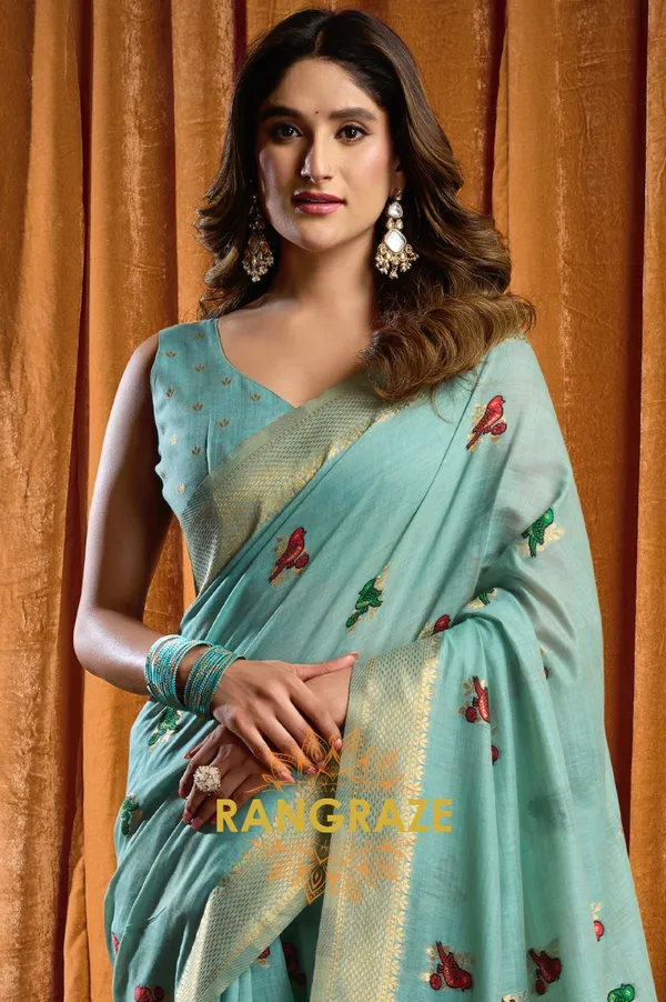 TURQUOISE_KHADI_BANARASI_COTTON_SAREE_WITH_RICH_BROCADE_BLOUSE