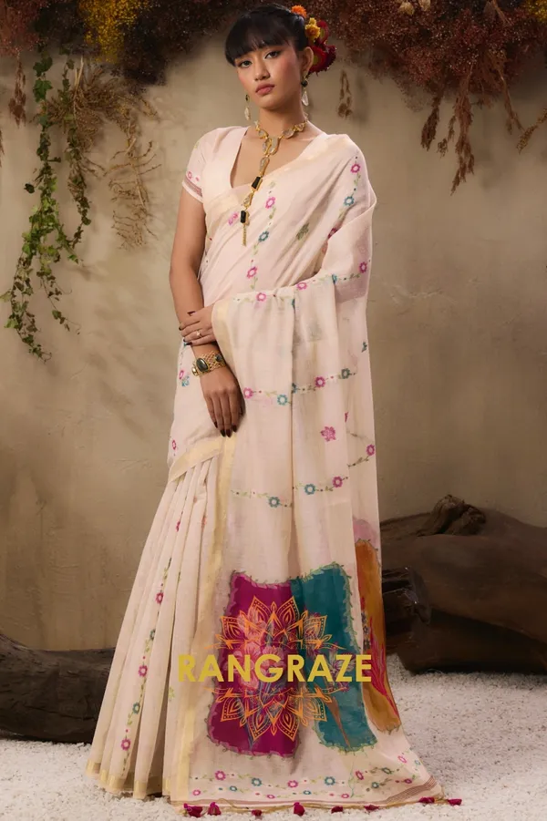 IVORY_GOLDEN_MUNGA_COTTON_HANDLOOM_WEAVING_BANARASI_SAREE