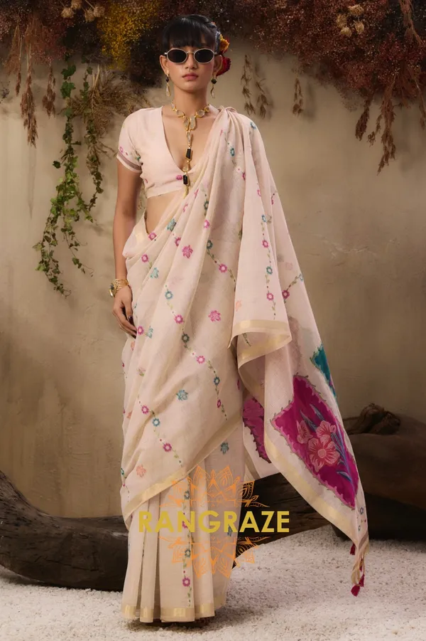 IVORY_GOLDEN_MUNGA_COTTON_HANDLOOM_WEAVING_BANARASI_SAREE