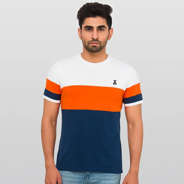 White,_Orange_Navy_Blue_Striped_Trendy_Round_Neck_T-Shirt