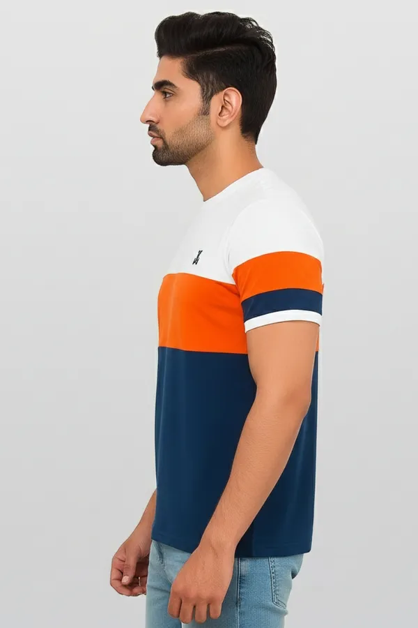 White,_Orange_Navy_Blue_Striped_Trendy_Round_Neck_T-Shirt
