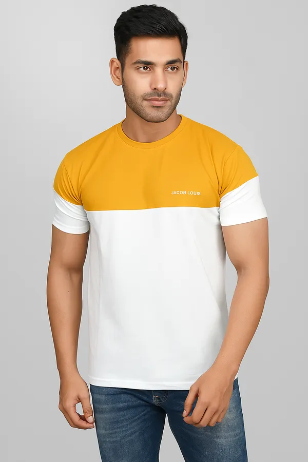 White_&_Yellow_Soft_Cotton_Trendy_Round_Neck_Tshirt_For