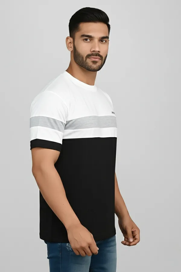 White_&_Grey_&_Black_Striped_Trendy_Round_Neck_T-Shirt