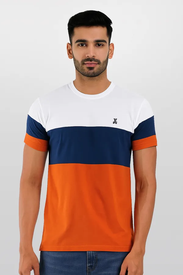 White,_Navy_Blue_&_Orange_Striped_Trendy_Round_Neck_T-Shirt