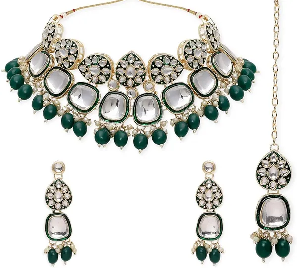 Green_&_White_&_Gold_Gold_Plated_Necklace,_Earring_&_Maang_Tikka_Set_For_Girls_&_Women