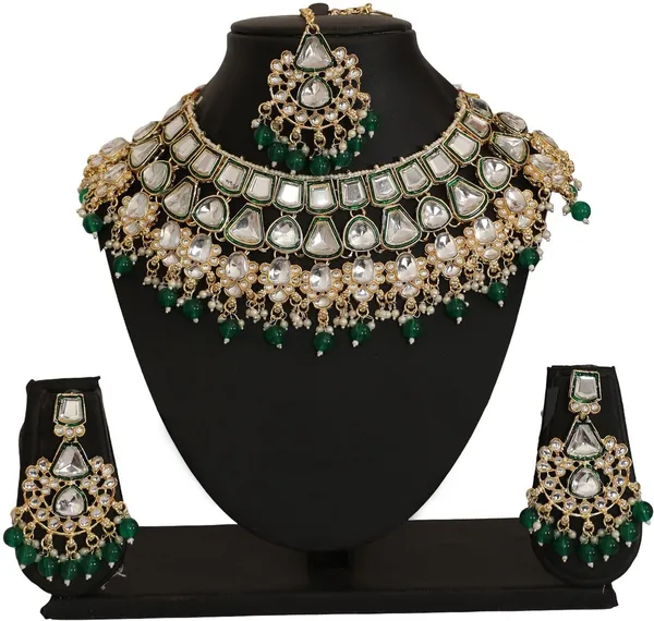 Green_Gold_Plated_Necklace,_Earring_&_Maang_Tikka_Set_For_Girls_&_Women