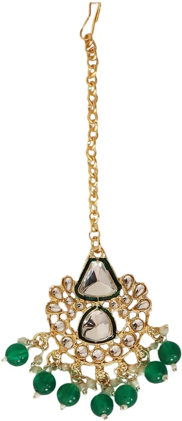 Green_Gold_Plated_Necklace,_Earring_&_Maang_Tikka_Set_For_Girls_&_Women