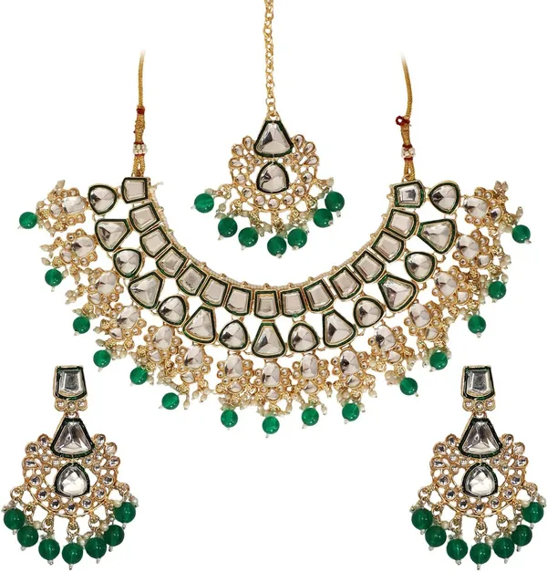 Green_Gold_Plated_Necklace,_Earring_&_Maang_Tikka_Set_For_Girls_&_Women