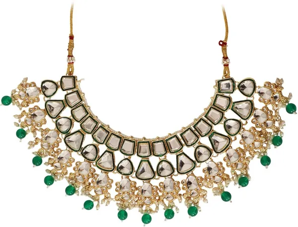 Green_Gold_Plated_Necklace,_Earring_&_Maang_Tikka_Set_For_Girls_&_Women