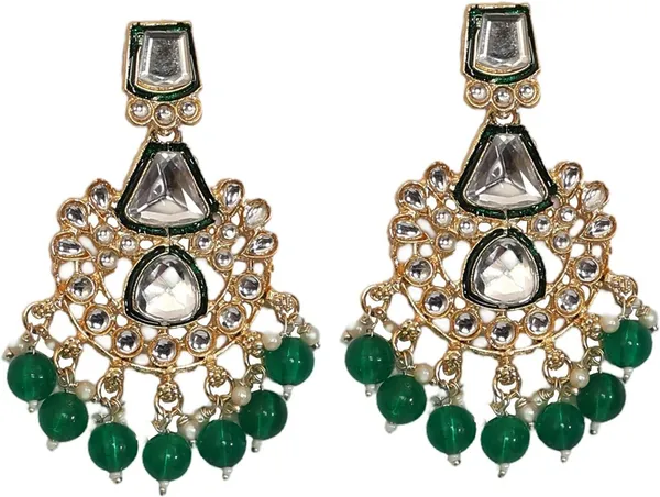 Green_Gold_Plated_Necklace,_Earring_&_Maang_Tikka_Set_For_Girls_&_Women