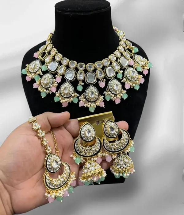 Pink_&_Green_&_Gold_Gold_Plated_Necklace,_Earring_&_Maang_Tikka_Set_For_Girls_&_Women