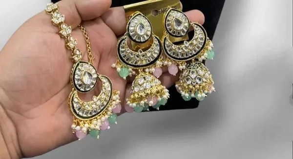 Pink_&_Green_&_Gold_Gold_Plated_Necklace,_Earring_&_Maang_Tikka_Set_For_Girls_&_Women
