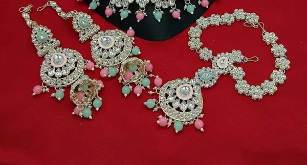 Green_&_Pink_Gold_Plated_Necklace,_Earring,_Maang_Tikka_&_Nose_Ring_Set_For_Girls_&_Women