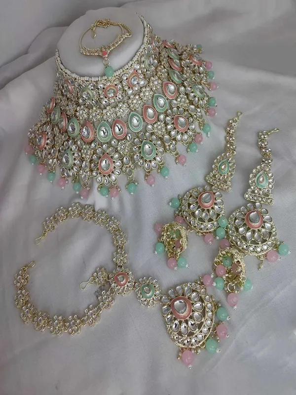 Green_&_Pink_Gold_Plated_Necklace,_Earring,_Maang_Tikka_&_Nose_Ring_Set_For_Girls_&_Women