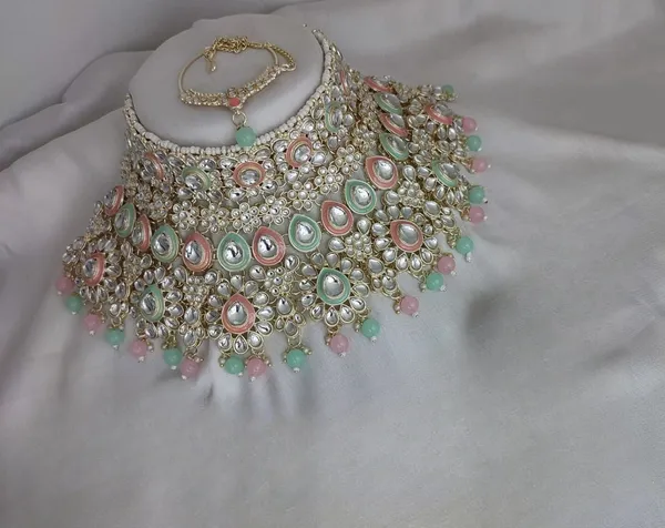 Green_&_Pink_Gold_Plated_Necklace,_Earring,_Maang_Tikka_&_Nose_Ring_Set_For_Girls_&_Women