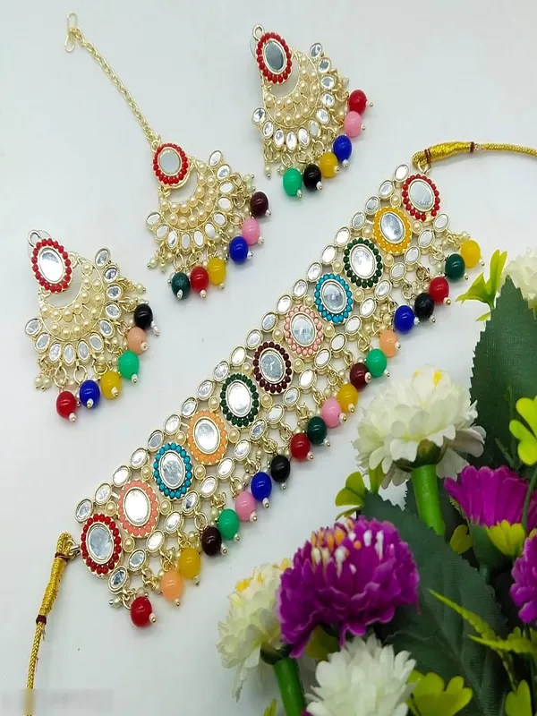 Multicolor_Gold_Plated_Necklace,_Earring_&_Maang_Tikka_Set_For_Girls_&_Women::Baby_Girls