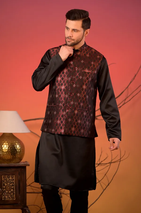 Black_Jacquard_Kurta_With_Maroon_Diamond_Weave_Nehru_Jacket_&_Trousers_Set_For_Men