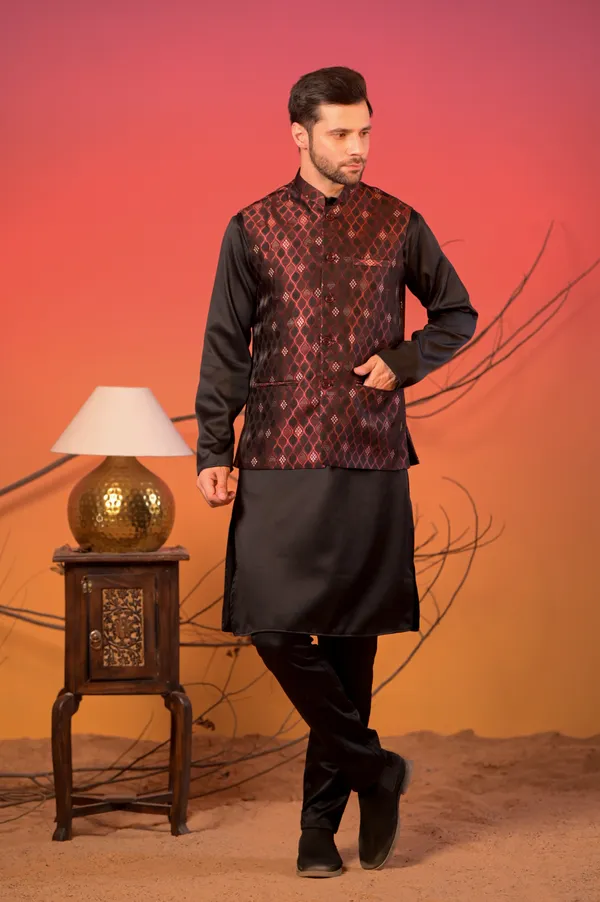 Black_Jacquard_Kurta_With_Maroon_Diamond_Weave_Nehru_Jacket_&_Trousers_Set_For_Men