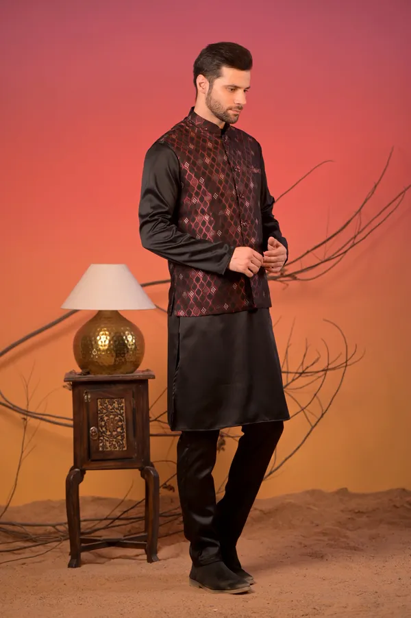 Black_Jacquard_Kurta_With_Maroon_Diamond_Weave_Nehru_Jacket_&_Trousers_Set_For_Men