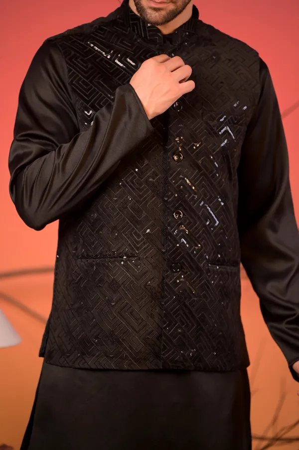 Black_Sequin_Embroidered_Velvet_Nehru_Jacket_With_Black_Satin_Kurta_&_Trousers_Set_For_Men