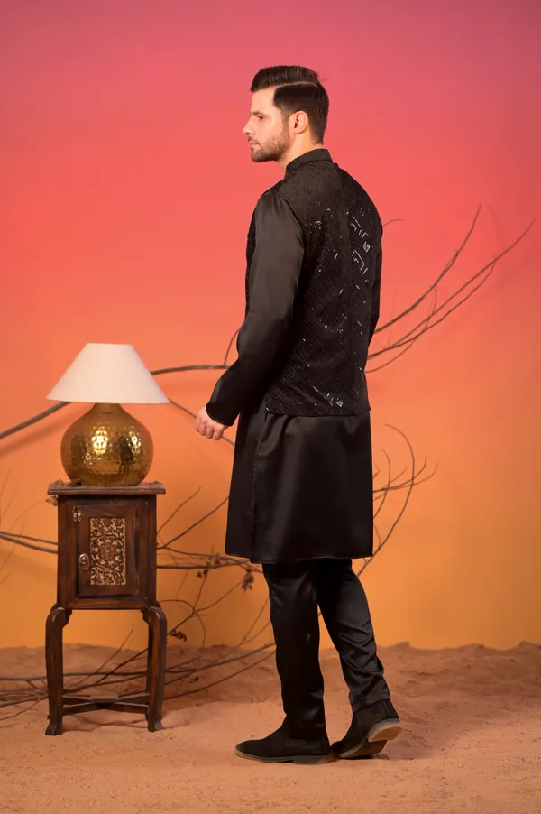 Black_Sequin_Embroidered_Velvet_Nehru_Jacket_With_Black_Satin_Kurta_&_Trousers_Set_For_Men