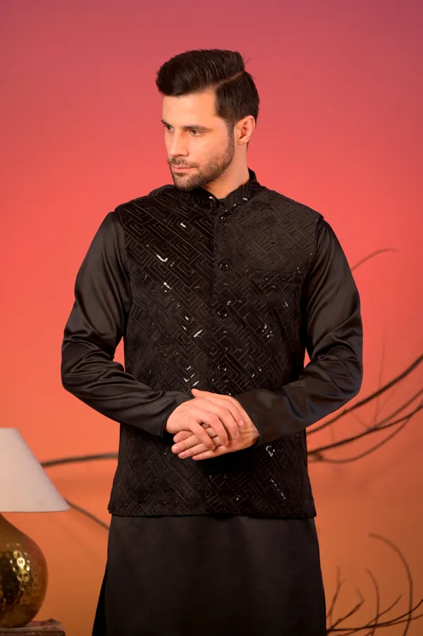 Black_Sequin_Embroidered_Velvet_Nehru_Jacket_With_Black_Satin_Kurta_&_Trousers_Set_For_Men