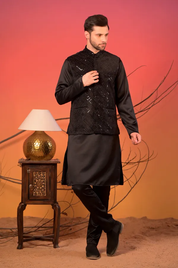 Black_Sequin_Embroidered_Velvet_Nehru_Jacket_With_Black_Satin_Kurta_&_Trousers_Set_For_Men