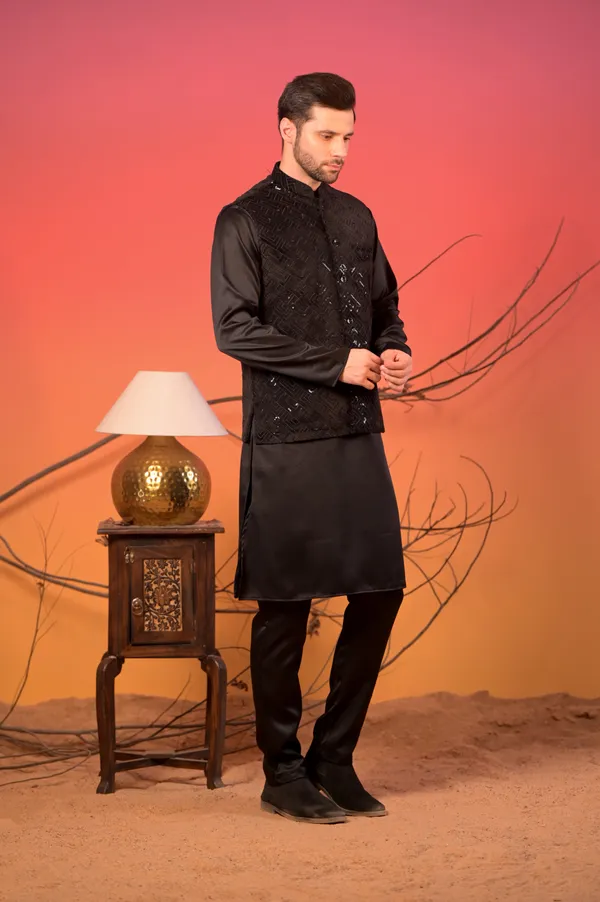 Black_Sequin_Embroidered_Velvet_Nehru_Jacket_With_Black_Satin_Kurta_&_Trousers_Set_For_Men