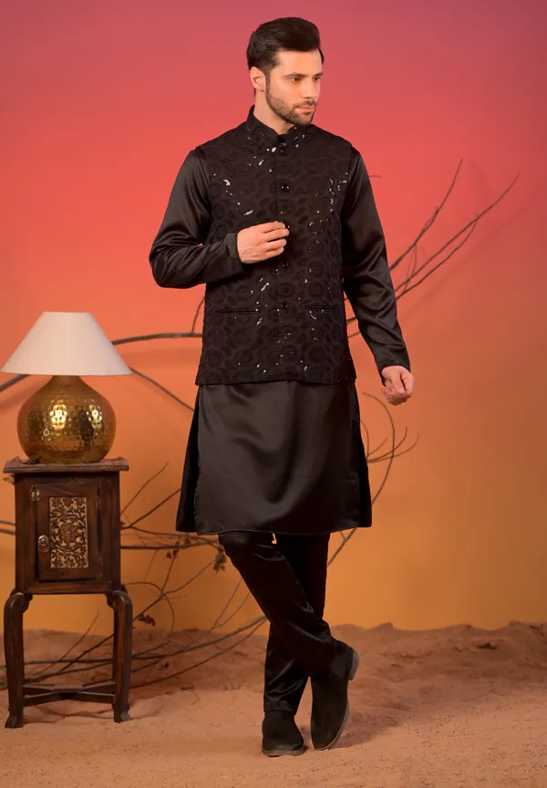 Black_Satin_Kurta_With_Hakoba_Sequin-Embroidered_Nehru_Jacket_&_Trousers_Set_For_Men