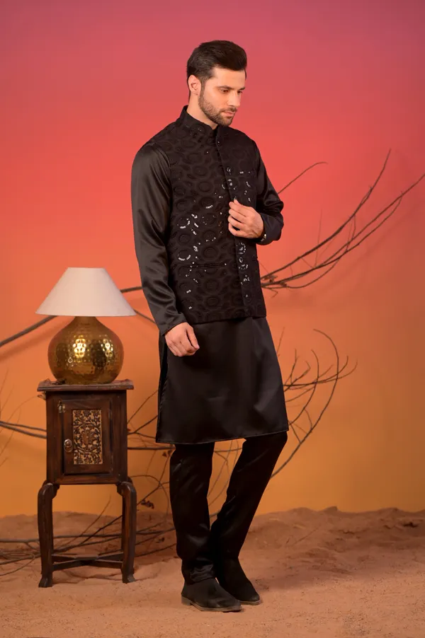 Black_Satin_Kurta_With_Hakoba_Sequin-Embroidered_Nehru_Jacket_&_Trousers_Set_For_Men